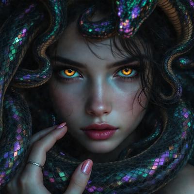 The primary subject of the image is a woman with long, flowing hair and a snake-like appearance. She has bright yellow eyes and is wearing a ring. The setting is a dark, possibly fantasy-themed environment. The visual style is a combination of photo and digital art, creating a unique and intriguing image. The colors and mood are dramatic and mysterious, with the woman's eyes and the snake-like appearance adding to the overall atmosphere.
